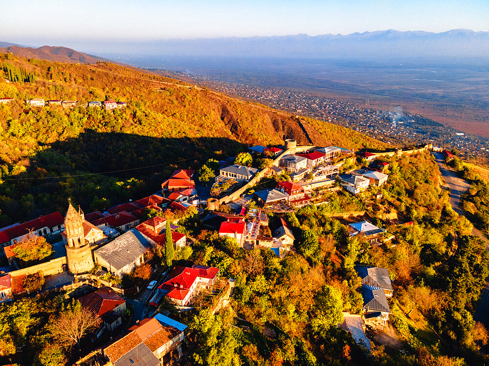 Aerial landscape view of Sighnaghi's Old Town walls, Sighnaghi, Kakheti, Georgia (Sakartvelo), Central Asia, Asia