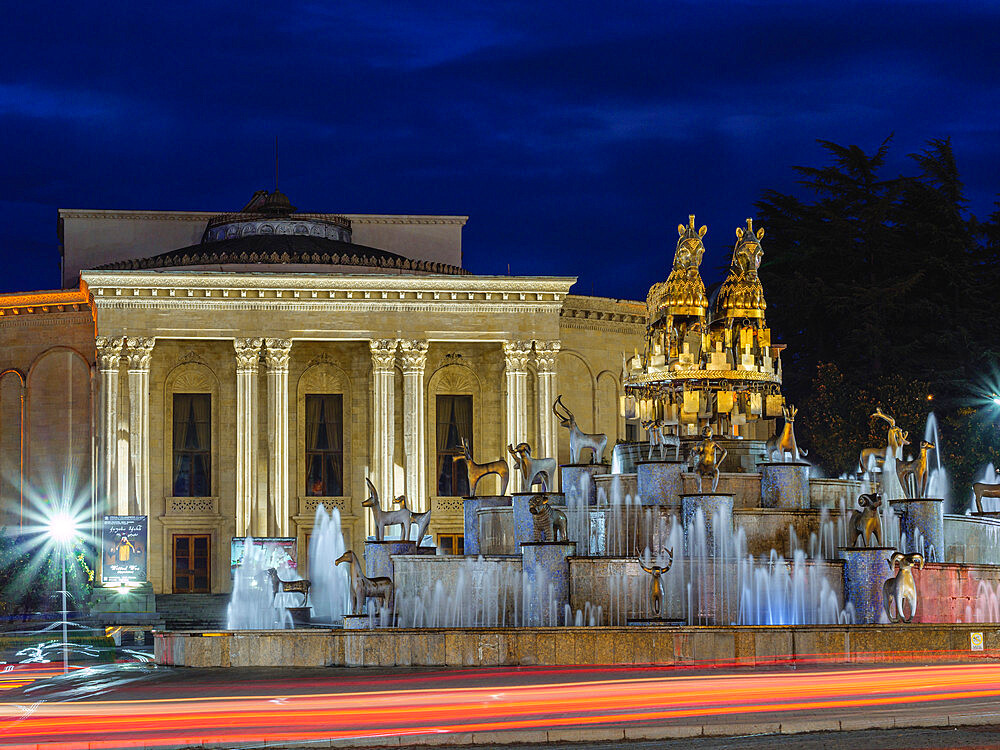 Colchis Fountain at blue hour in Kutaisi, Imereti, Georgia (Sakartvelo), Central Asia, Asia