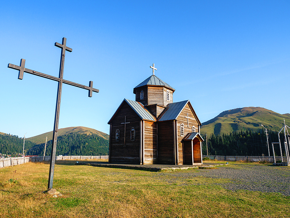 The wooden Church of Bakhmaro, a renowned summer retreat situated at 2000m asl in the mountains of Guria, Georgia (Sakartvelo), Central Asia, Asia