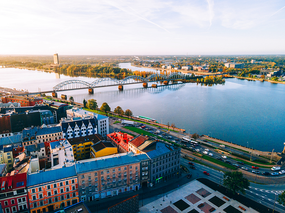 Aerial drone sunrise view of the Railway Bridge in Riga Old Town (Vecriga), Riga, Latvia, Europe