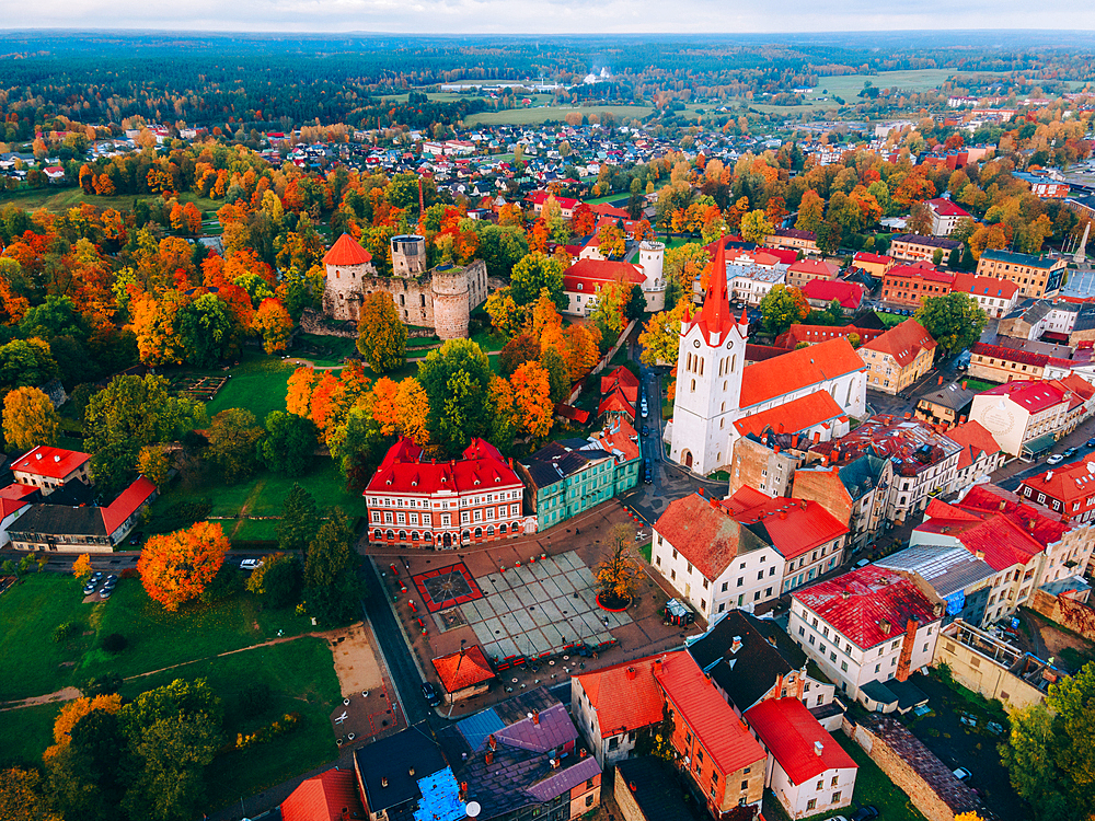 Aerial drone view of the Medieval Cesis Old Town, Cesis, Latvia, Baltics, Europe