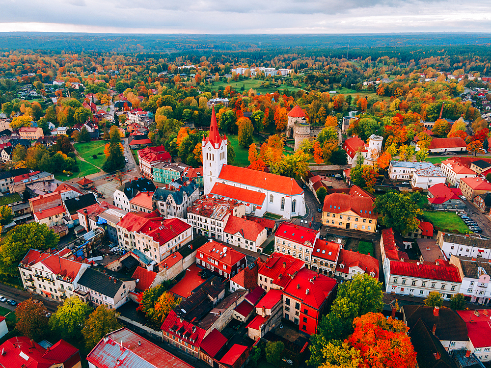 Aerial drone view of the Medieval Cesis Old Town, Cesis, Latvia, Baltics, Europe