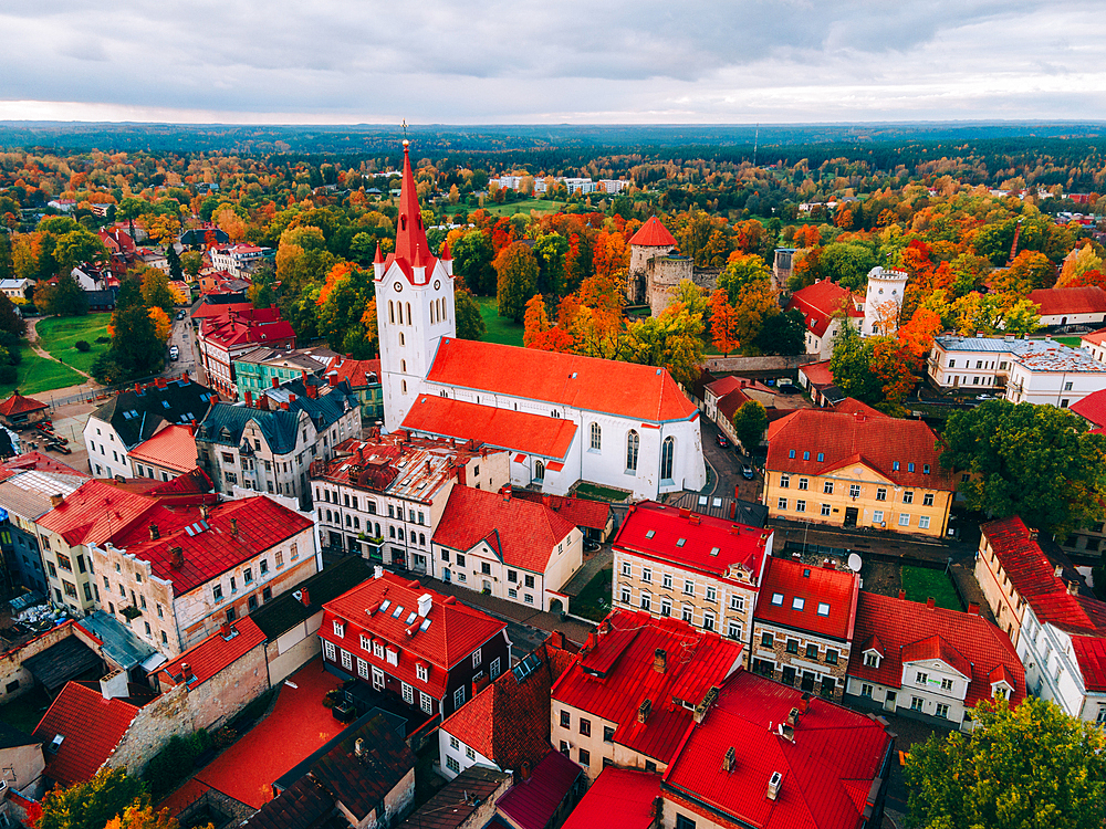 Aerial drone view of the Medieval Cesis Old Town, Cesis, Latvia, Baltics, Europe