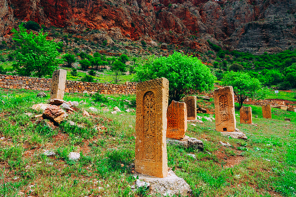 Carved gravestones in cemetery, Noravank Monastery, Vayots Dzor, Armenia (Hayastan), Caucasus, Central Asia, Asia