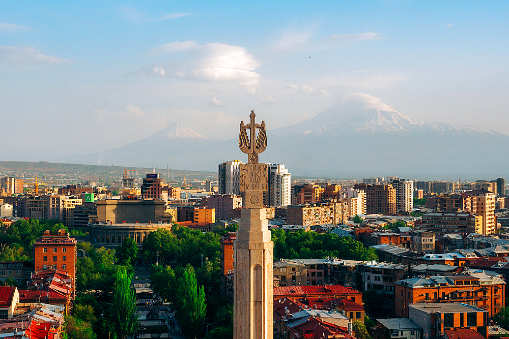 The view from the Cascade Complex of Mount Ararat and Yerevan, Armenia (Hayastan), Caucasus, Central Asia, Asia