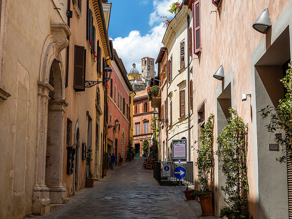 The main street in Amelia's old town with a view of St. Fermina's Cathedral, Amelia, Umbria, Italy, Europe