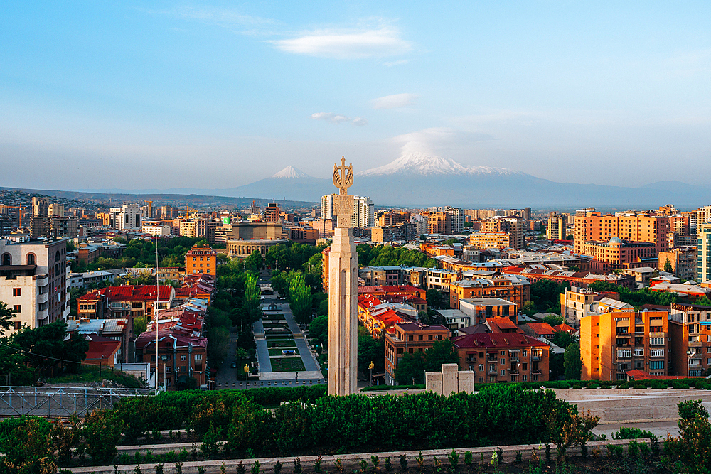 The view of Mount Ararat from the Cascade Complex in Yerevan, Armenia (Hayastan), Caucasus, Central Asia, Asia