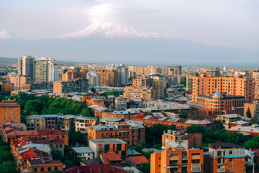 The view of Mount Ararat from the Cascade Complex in Yerevan, Armenia (Hayastan), Caucasus, Central Asia, Asia