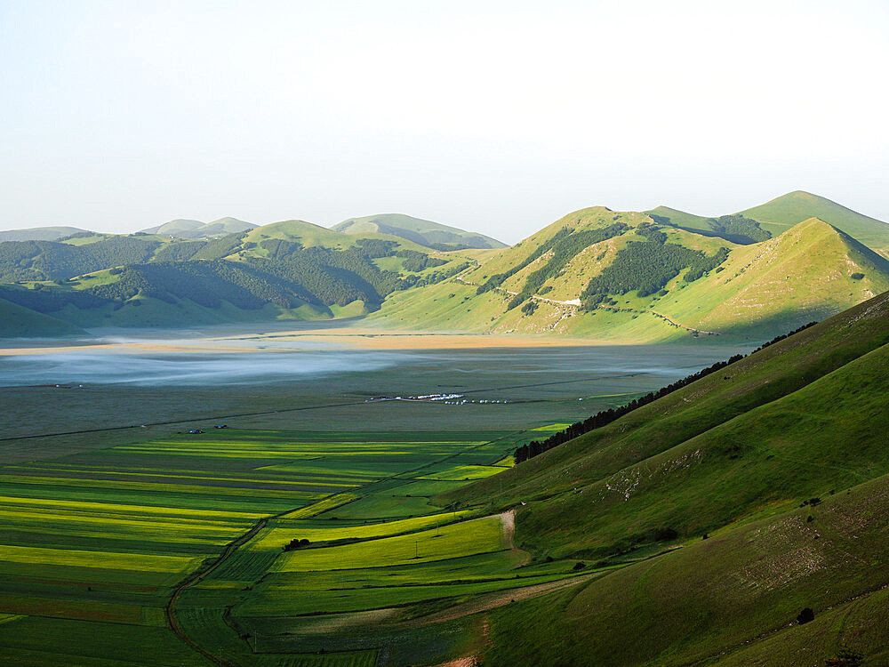 The plateau of Castelluccio di Norcia at sunrise, Perugia, Umbria, Italy, Europe