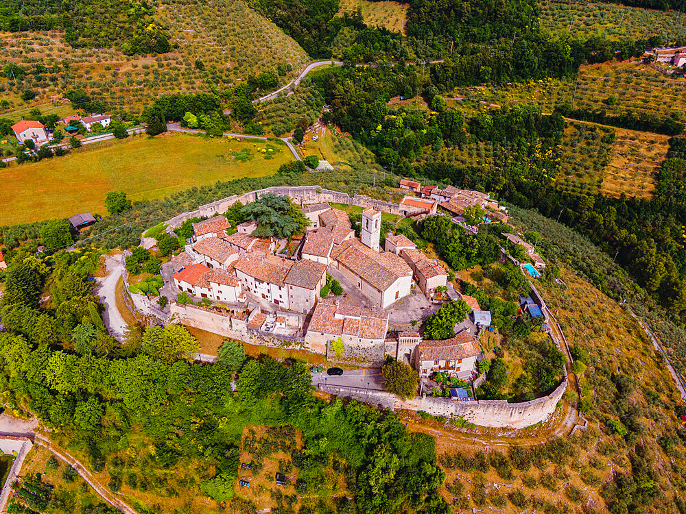 Aerial view of Campello Alto, Campello sul Clitunno, Perugia, Umbria, Italy, Europe