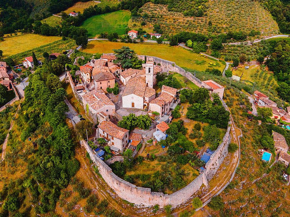 Aerial view of Campello Alto, Campello sul Clitunno, Perugia, Umbria, Italy, Europe