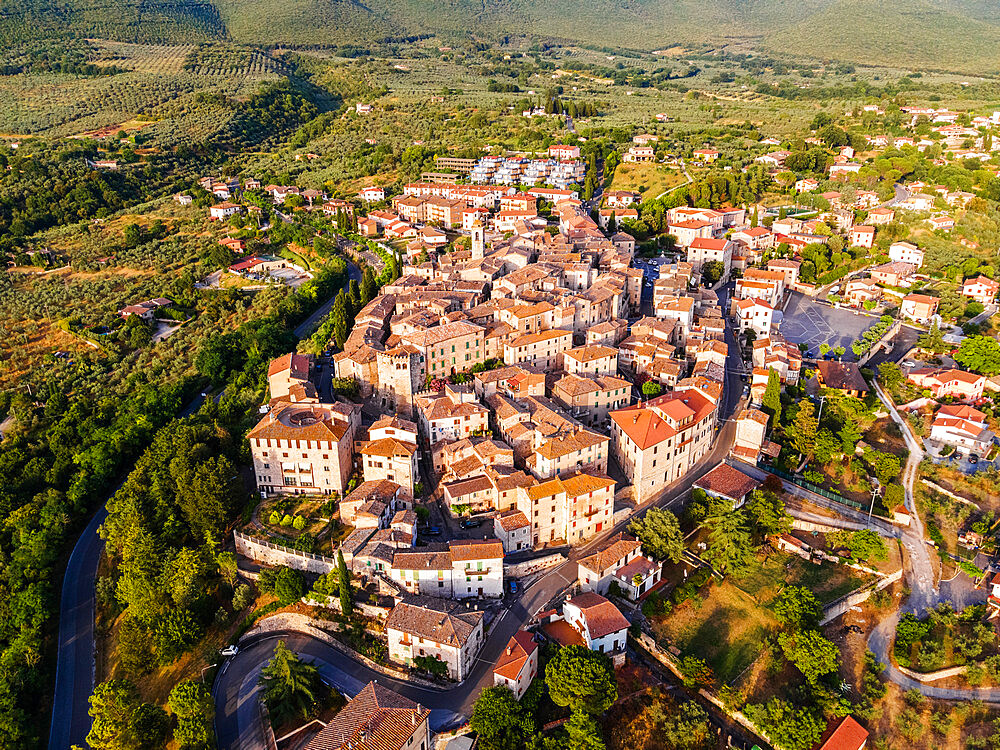 Aerial drone view of the village of Montecchio at sunset, Umbria, Italy, Europe