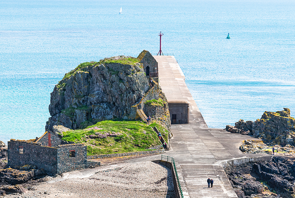 View towards Chapel on the Hermitage Rock and the breakwater from the Elizabeth Castle, Jersey, Channel Islands, Europe