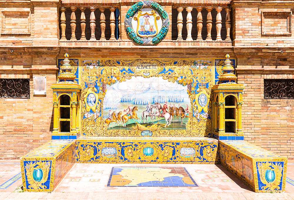 One of the 48 tiled Provincial Alcoves along the walls of the Plaza de Espana (Spain Square) in Parque de Maria Luisa (Maria Luisa Park), Seville, Andalusia, Spain, Europe