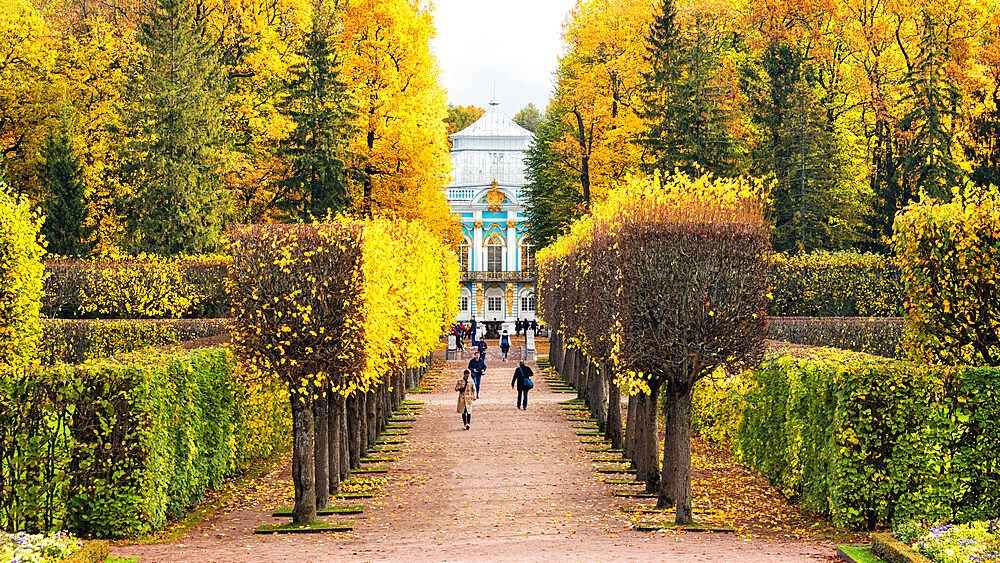 Hermitage Pavilion as seen through the Hermitage alley, Catherine Park, Pushkin (Tsarskoye Selo), near St. Petersburg, Russia, Europe