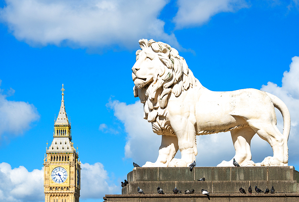 The South Bank Lion on Westminster Bridge, cast in 1837, with Big Ben (The Elizabeth Tower) of the Palace of Westminster in the background, London, England, United Kingdom, Europe