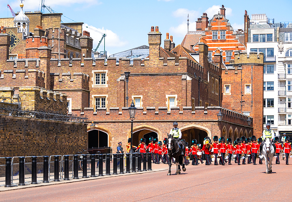 The Band of the Irish Guards leaving St. James's Palace for Changing the Guard ceremony (Guard Mounting), Westminster, London, England, United Kingdom, Europe