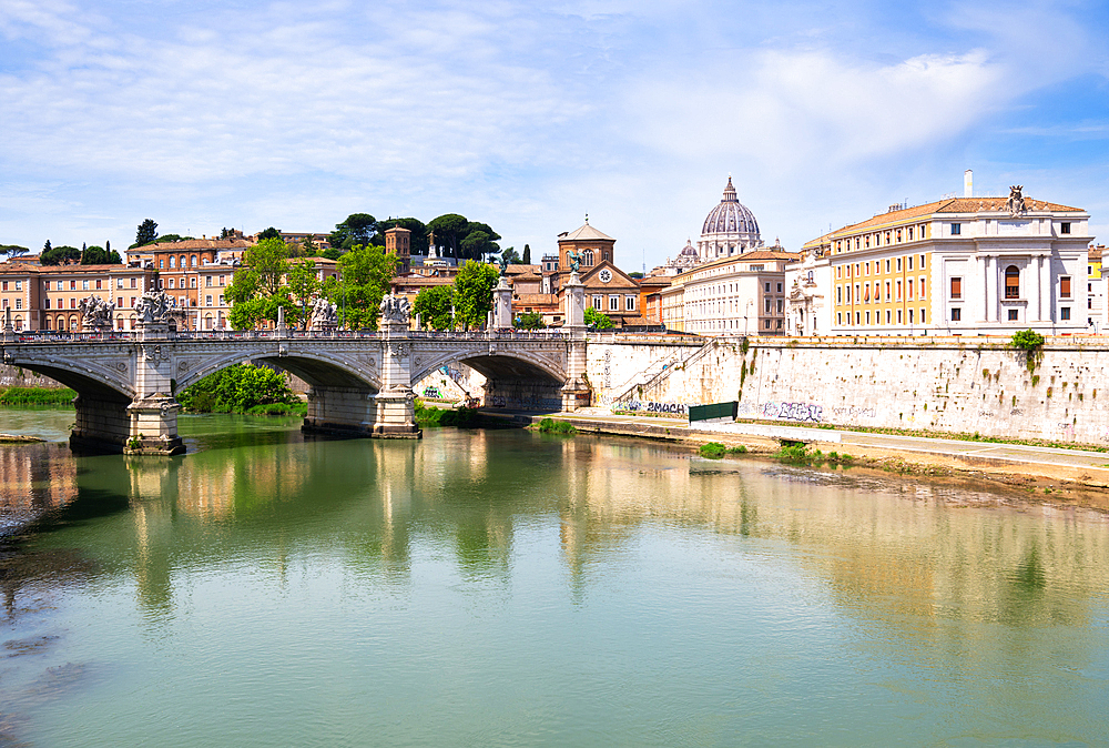 View towards Ponte Vittorio Emanuele II and the dome of the Saint Peters Basilica, Rome, Lazio, Italy