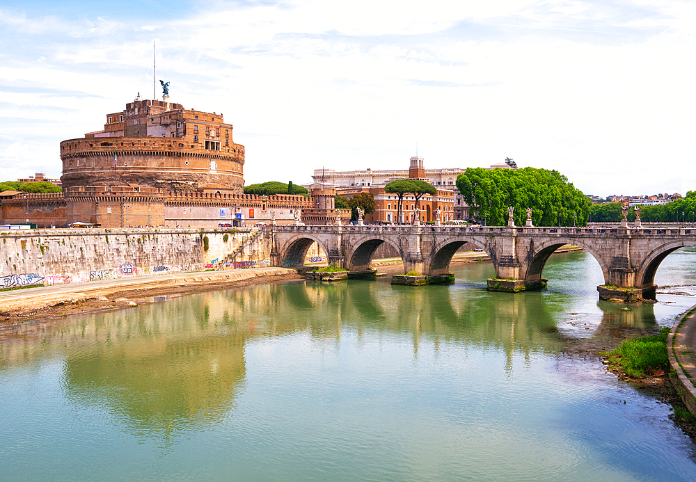 View towards the Mausoleum of Hadrian (Castel Sant'Angelo or Castle of the Holy Angel) and Ponte Sant'Angelo, Rome, Italy