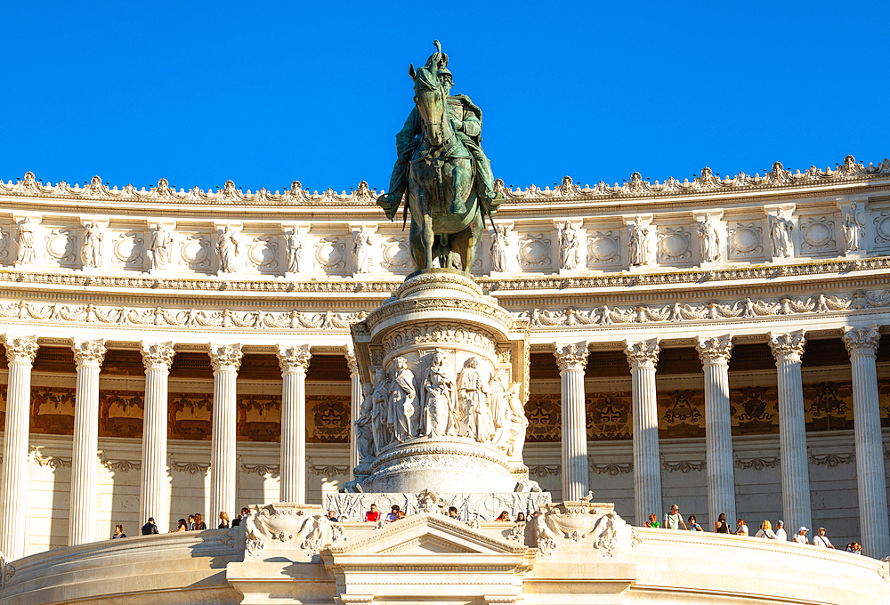 An equestrian sculpture of Victor Emmanuel II, a part of the The Vittoriano (also Monumento Nazionale a Vittorio Emanuele II, Altare della Patria or Altar of the Fatherland) to honour the first king of an unified Italy, on Piazza Venezia (Venice Square),