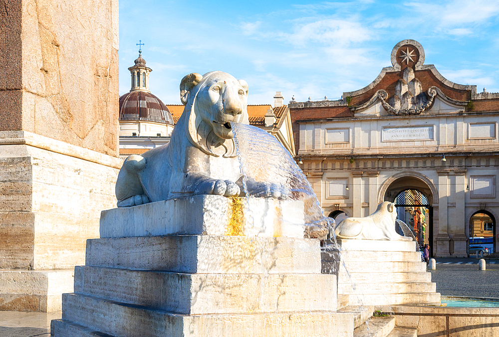 Egyptian-style lion sculpture of Fontana dell'Obelisco on Piazza del Popolo, Rome, Italy