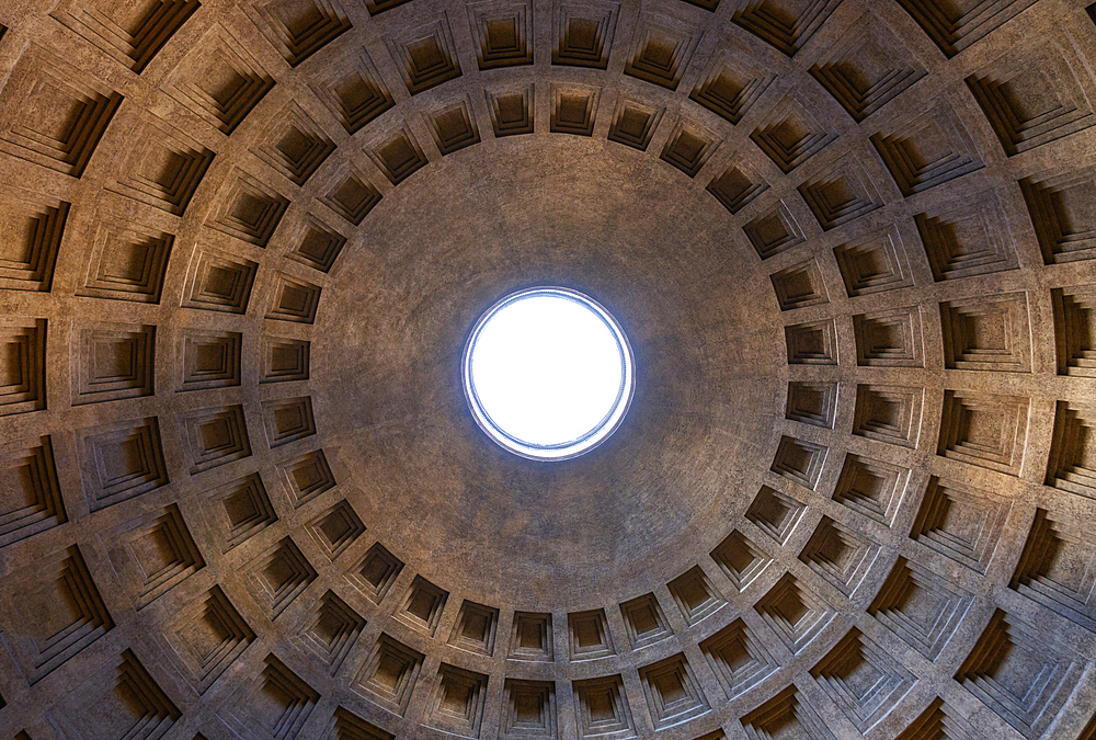 The oculus in dome of the Pantheon, former Roman temple, now Basilica of St. Mary and the Martyrs, UNESCO, Rome, Lazio, Italy