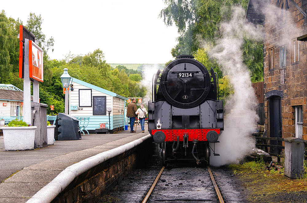 Steam locomotive at Grosmont railway station, North Yorkshire, England