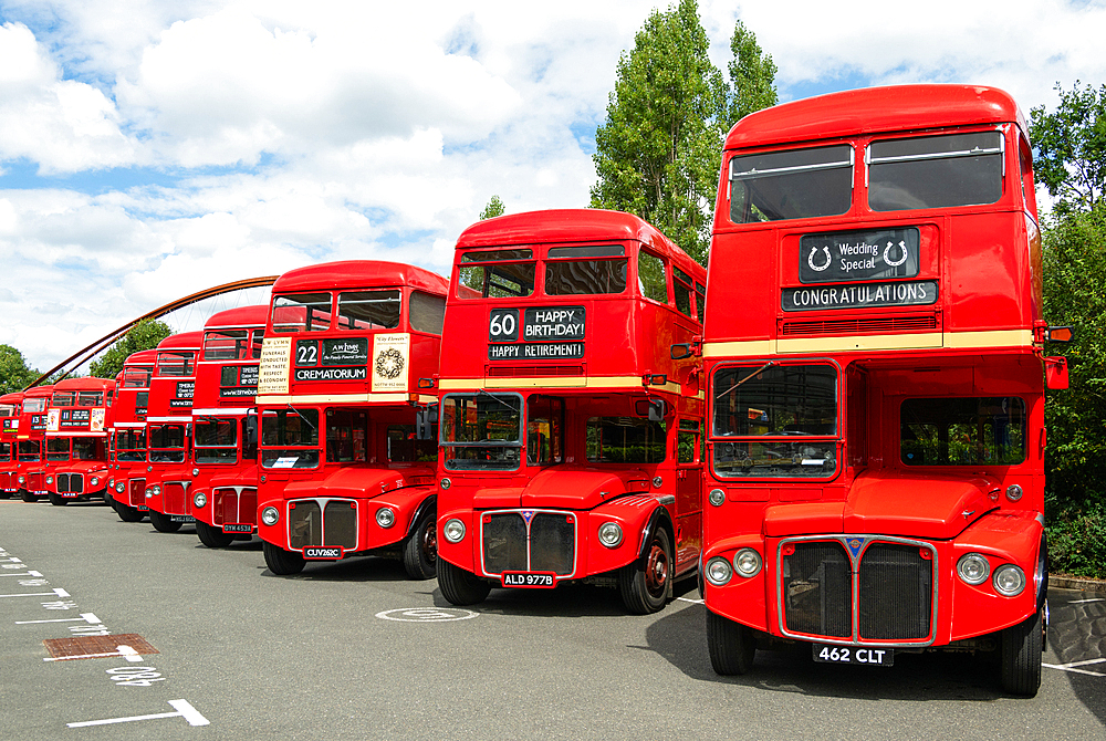 Routemaster buses parade at the 70th anniversary of the first Routemaster bus, RM1, London, England