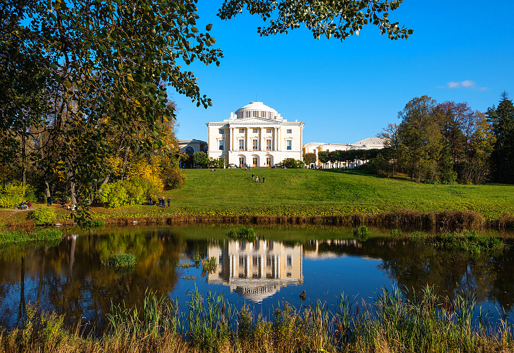 Pavlovsk Palace reflected in Slavyanka river, UNESCO World Heritage Site, Pavlovsk, near St. Petersburg, Russia, Europe