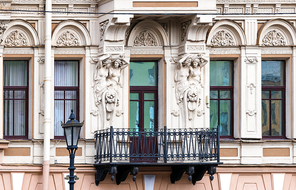 Caryatid figures on the facade of a building in St. Petersburg, Russia, Europe