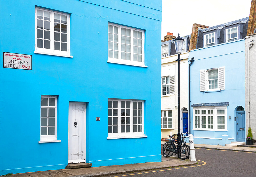 Blue houses on Godfrey Street, Chelsea, London, England, United Kingdom, Europe