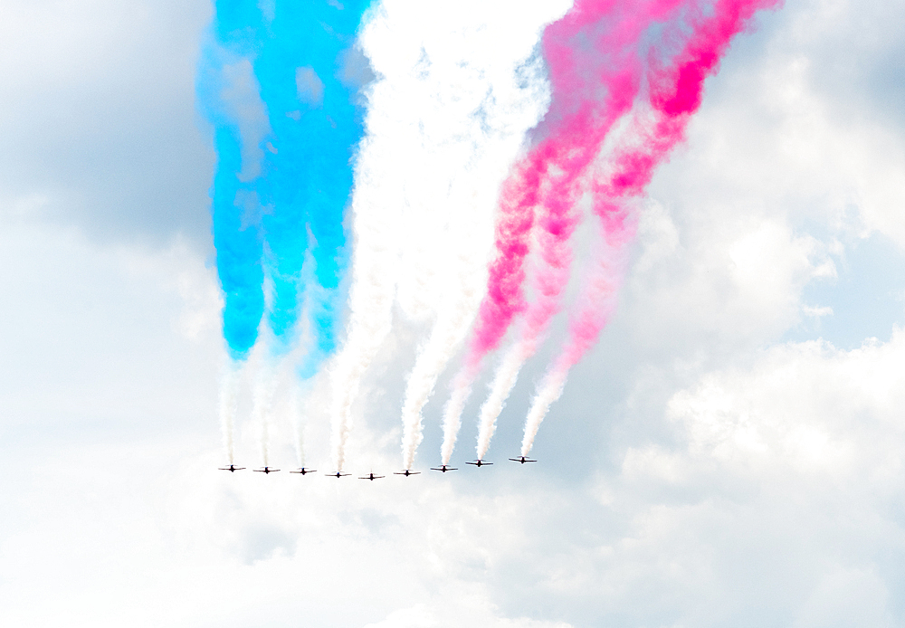 RAF Red Arrows flypast during 2022 Trooping the Colour celebrations, marking the Queen official birthday and her 70 year Jubilee, London, England