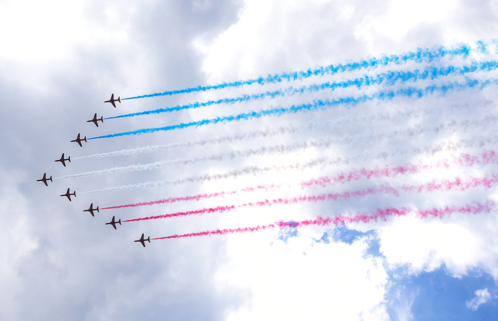 RAF Red Arrows flypast during 2022 Trooping the Colour celebrations, marking the Queen official birthday and her 70 year Jubilee, London, England