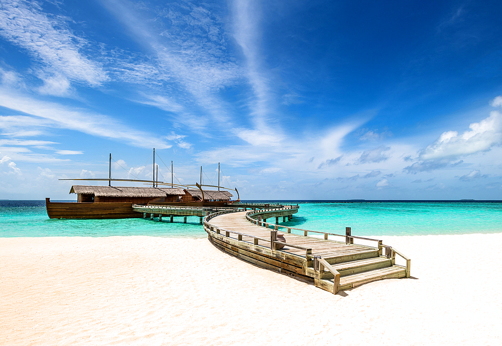 A jetty to a dhoni, a traditional Maldivian fishing boat, Baa Atoll, Maldives