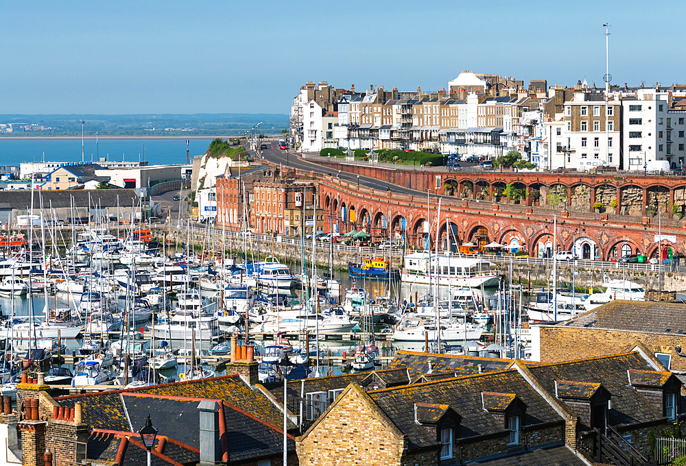 View towards Royal Harbour Marina and Harbour Arches, Ramsgate, Kent, England