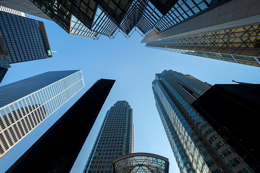 Looking up at skyscrapers on Bay Street, Downtown Toronto, Toronto, Ontario, Canada, North America