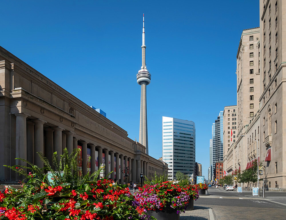 Union Street Station and the CN Tower in summer, Front Street, Toronto, Ontario, Canada, North America