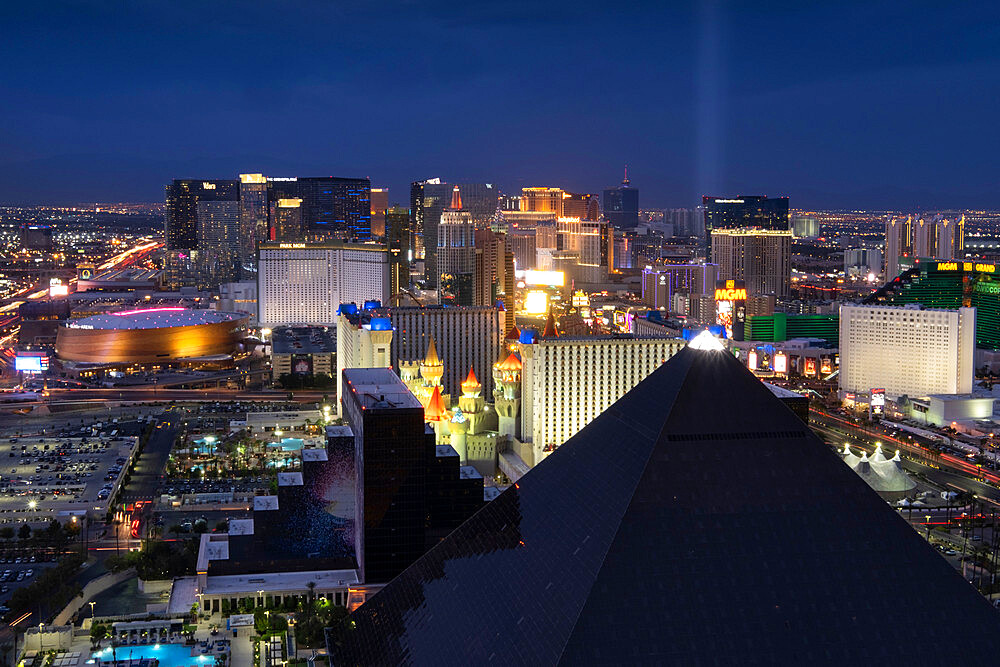 Elevated view of the Luxor Hotel and Casino and Las Vegas Strip area at night, Las Vegas, Nevada, United States of America, North America