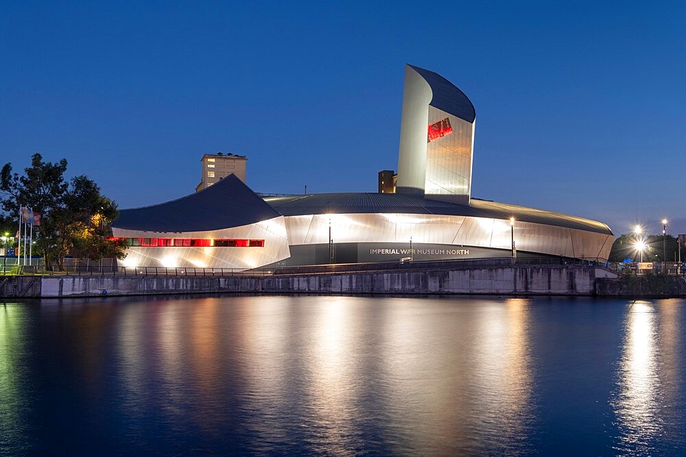 Imperial War Museum North at night, Salford Quays, Manchester, England, United Kingdom, Europe