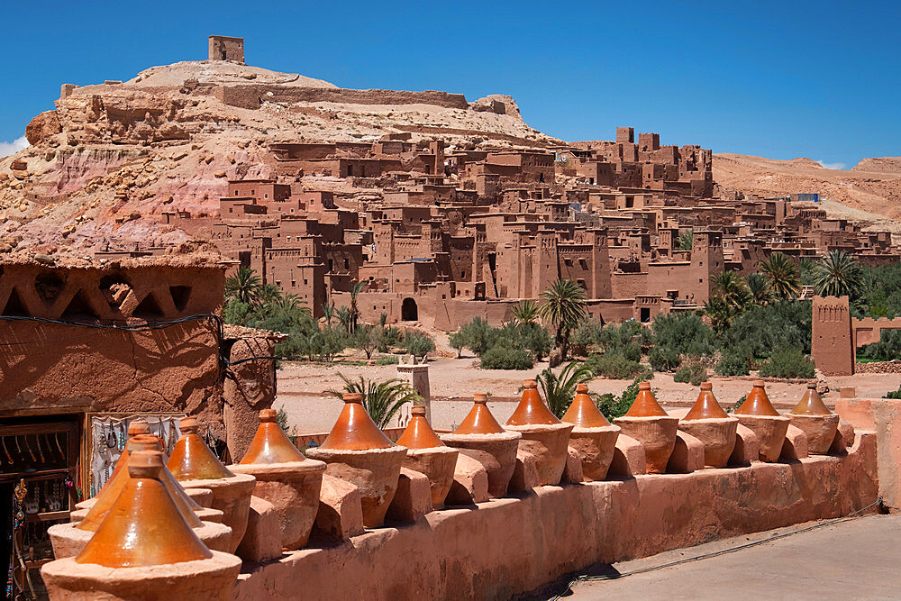 Tagine pots decorate a wall at Kasbah Ait Benhaddou, near Ouarzazate, Morocco, North Africa, Africa