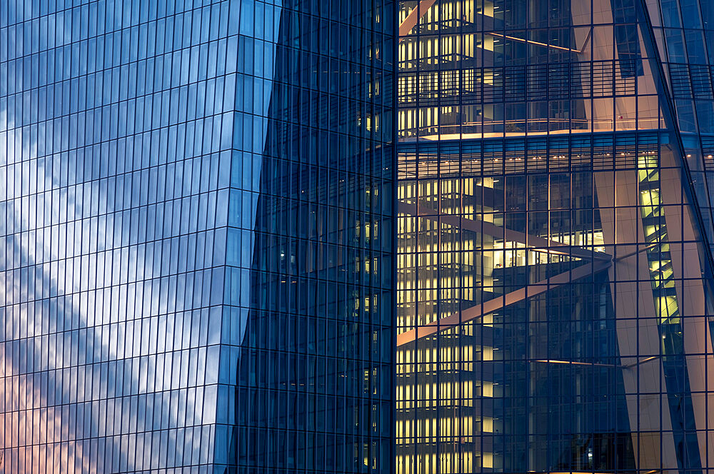 Detail of the new European Central Bank Building at night, Frankfurt, Hesse, Germany, Europe