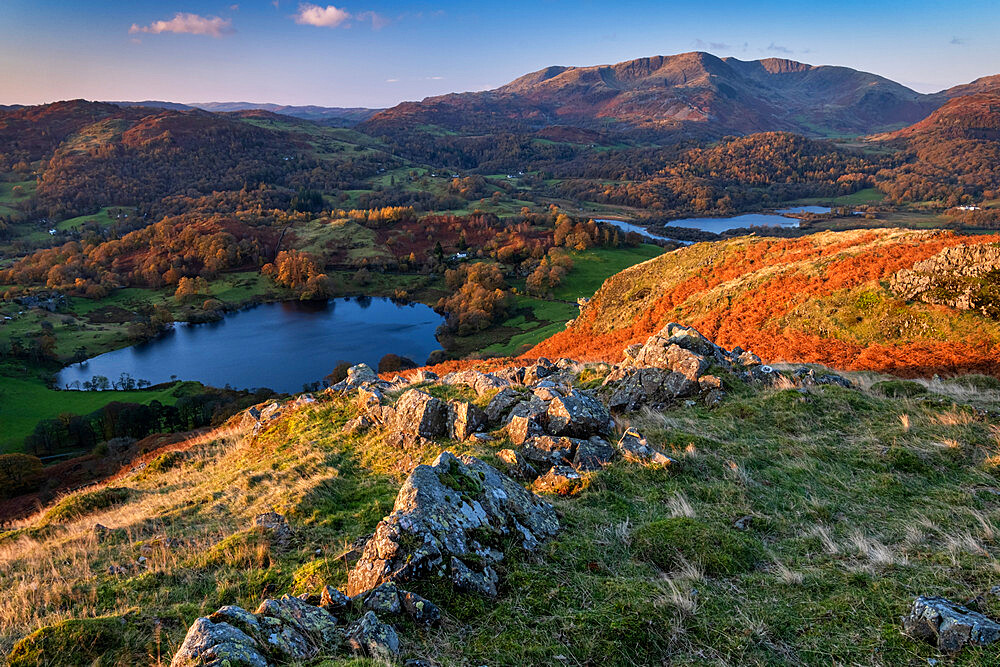 Loughrigg Tarn, Elter Water and Wetherlam from Loughrigg Fell in autumn, Lake District National Park, UNESCO World Heritage Site, Cumbria, England, United Kingdom, Europe