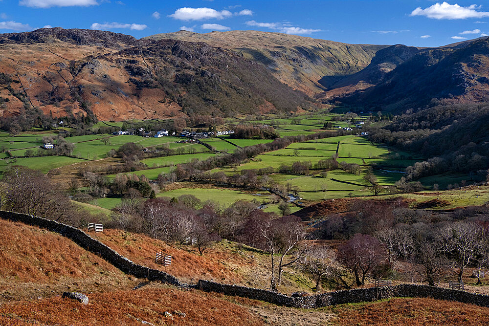 Villages of Rosthwaite and Stonethwaite below Ullscarf and Borrowdale Fells, Borrowdale Valley, Lake District National Park, UNESCO World Heritage Site, Cumbria, England, United Kingdom, Europe