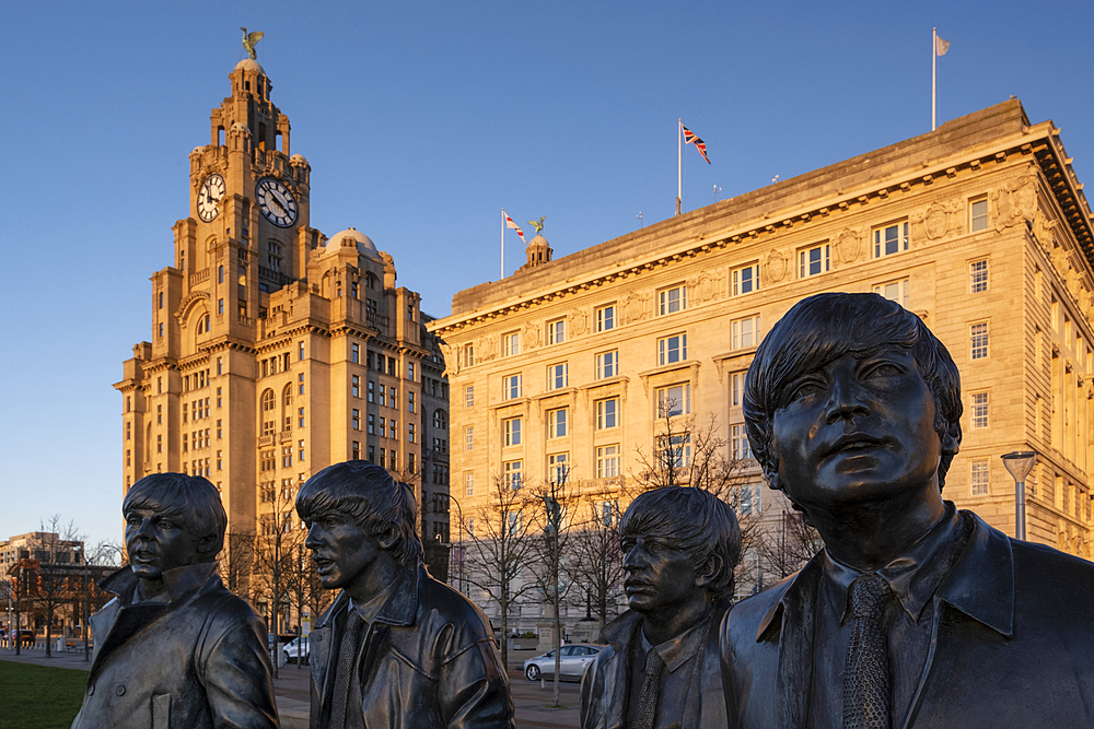 The Beatles Statue and Royal Liver Building, Pier Head, Liverpool Waterfront, Liverpool, Merseyside, England, United Kingdom, Europe