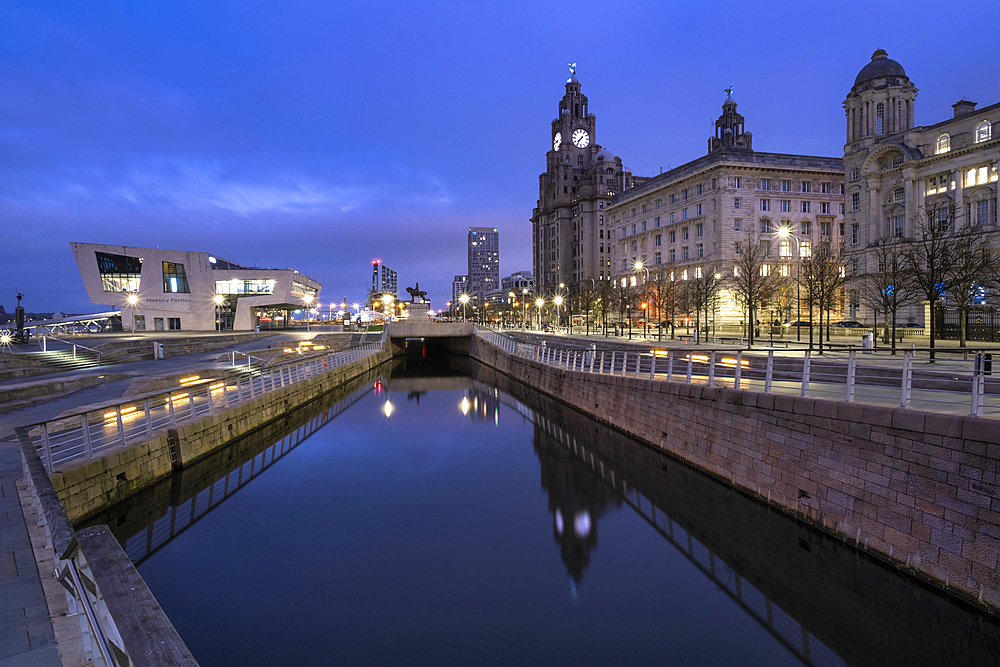 The Pier Head at dawn, Liverpool Waterfront, Liverpool, Merseyside, England, United Kingdom, Europe