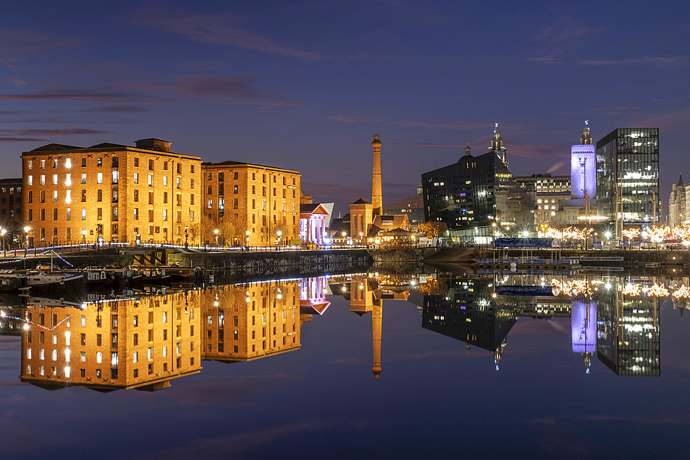 The Albert Dock, Pumphouse and Liverpool Waterfront reflected in Salthouse Dock at night, Liverpool, Merseyside, England, United Kingdom, Europe