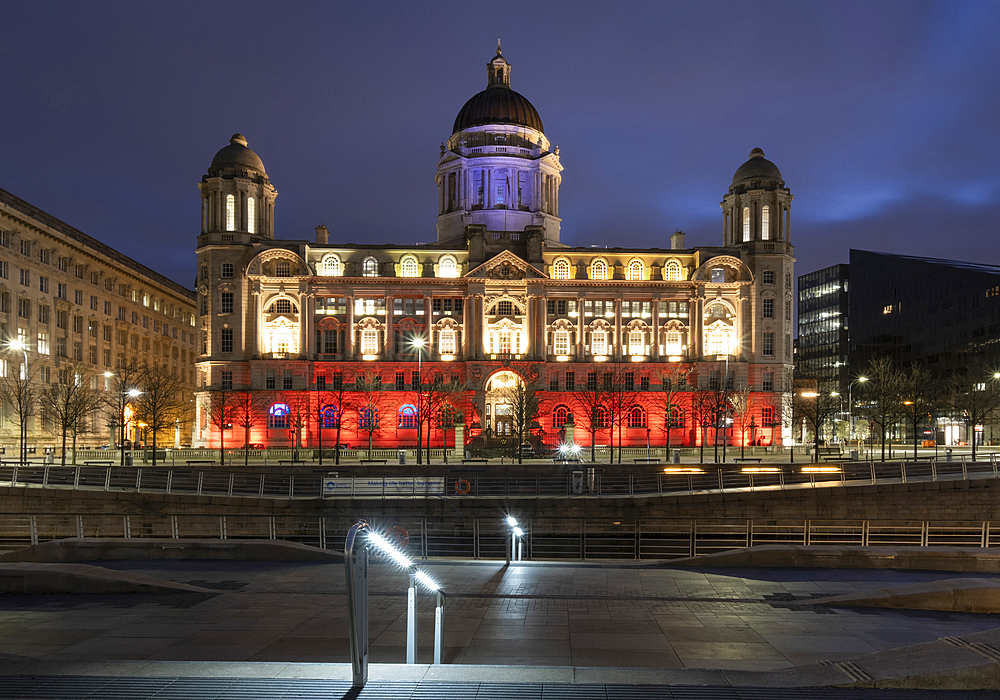 The Port of Liverpool Building at night, Pier Head, Liverpool Waterfront, Liverpool, Merseyside, England, United Kingdom, Europe