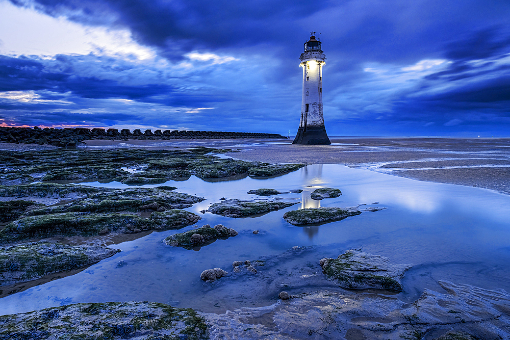 Perch Rock Lighthouse and the sands of New Brighton at twilight, New Brighton, The Wirral, Merseyside, England, United Kingdom, Europe