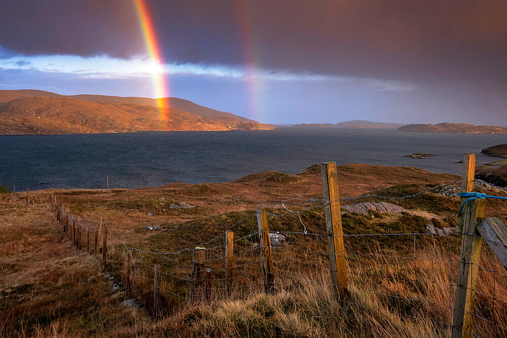 Double Rainbow across Loch an Tairbeairt towards Leac Easgadail, Isle of Harris, Outer Hebrides, Scotland, United Kingdom, Europe