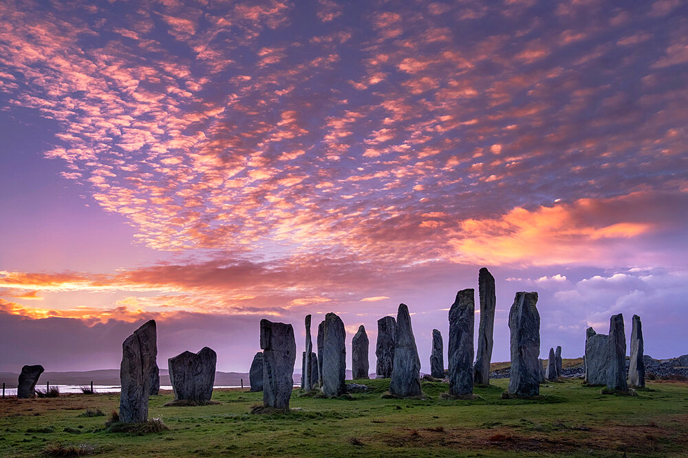 The Callanish Standing Stones at sunrise, Callanish, Isle of Lewis, Outer Hebrides, Scotland, United Kingdom, Europe